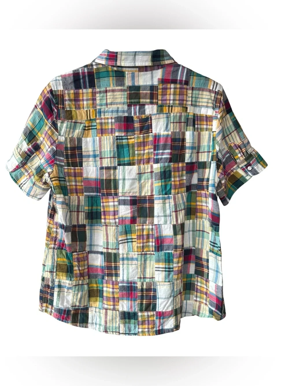 J Crew Patchwork Madras Plaid Button Front Shirt Short Sleeve Size Large